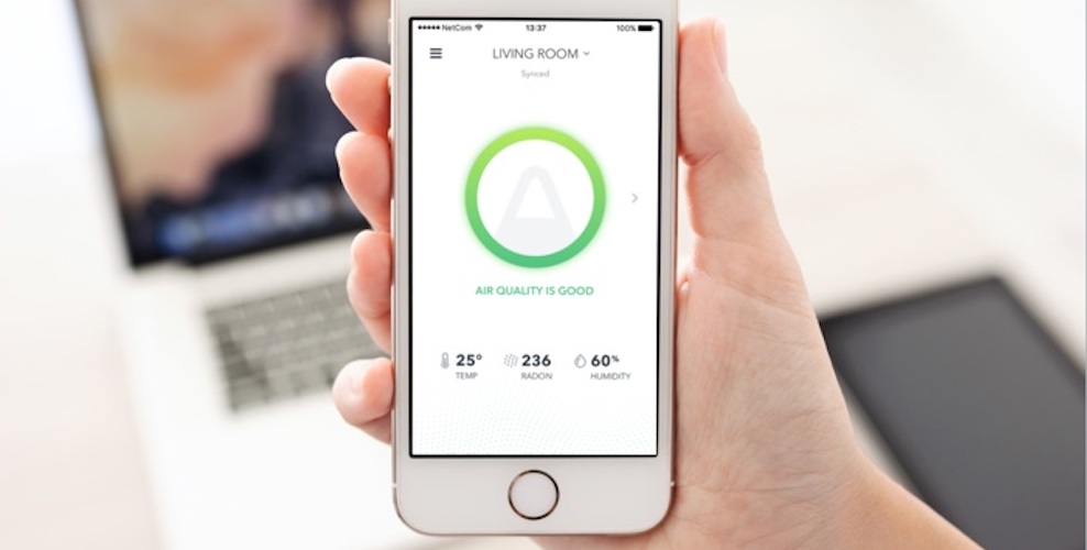 The Airthings Wave radon monitor syncs with an app to share real-time and long-term data.